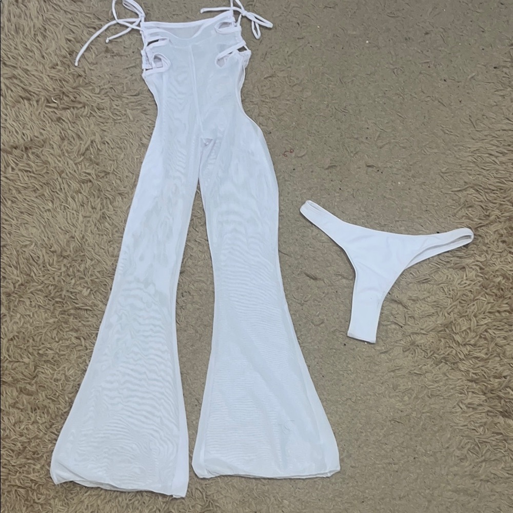 White Sheer Flared Cutout Swim Pants with Matching Swim Thong